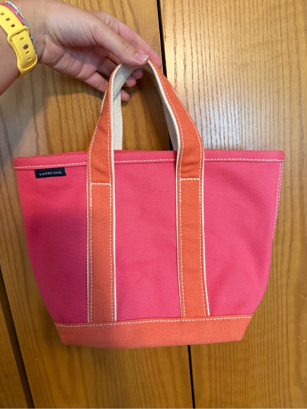 Lands' End Coral Pink Canvas Small Tote with Orange Trim